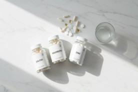 Afla cat dureaza o cura si care este doza maxima pentru efecte benefice_Suplimente cu magneziu, calciu si zinc aranjate pe o masa, pahar cu apa