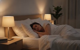 femeie care doarme linistita, lampa aprinsa, dormitor intunecat