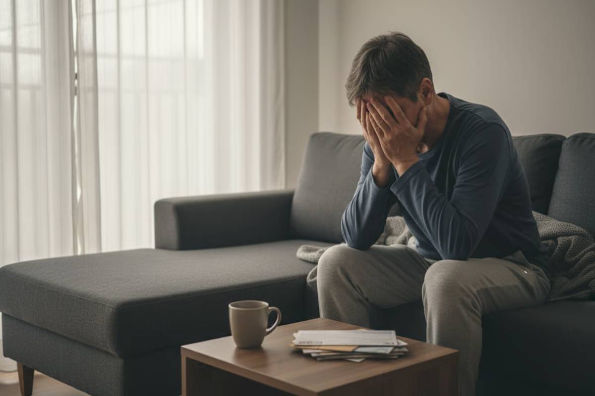 Persoana epuizata acasa, ilustrand impactul debilitant al oboselii cronice asupra vietii cotidiene