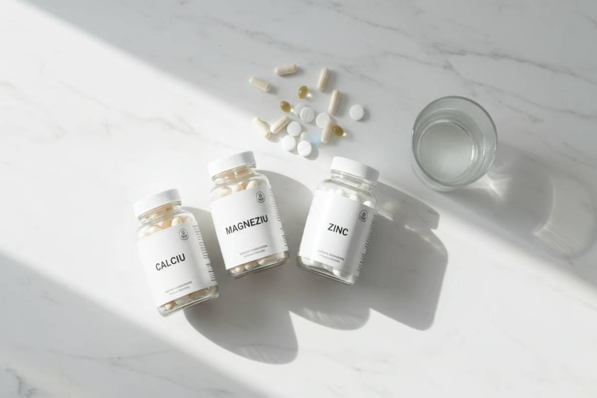 Afla cat dureaza o cura si care este doza maxima pentru efecte benefice_Suplimente cu magneziu, calciu si zinc aranjate pe o masa, pahar cu apa