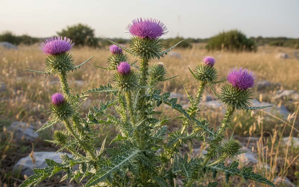 Planta armurariu (Silybum marianum) cu florile si frunzele caracteristice