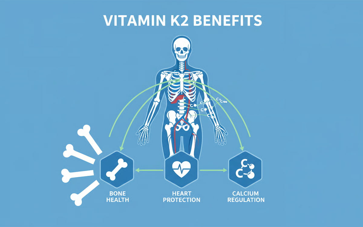 vitamina K - infografic care ilustreaza beneficiile vitaminei K2 asupra sistemelor osos si cardiovascular