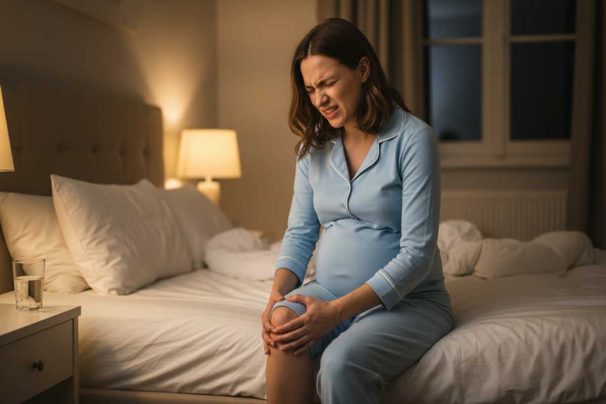 Ce boli ascund carceii si crampele musculare - cauze medicale, factori de risc si carcei in sarcina_Imagine realista a unei femei insarcinate care experimenteaza carcei nocturni la picior