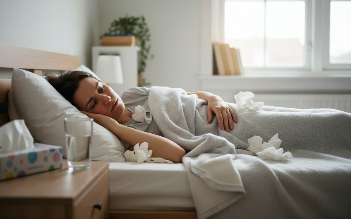 Persoana bolnava in pat prezentand simptomele caracteristice ale gripei