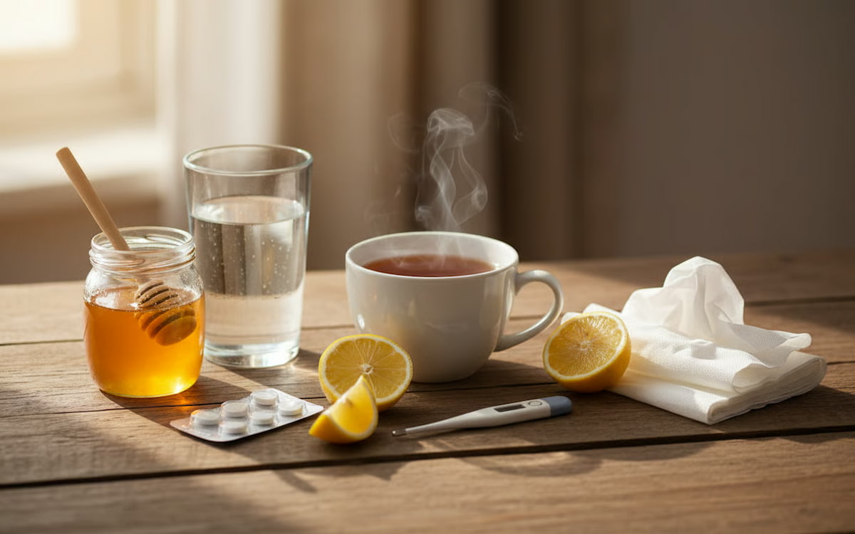 ceai, miere, pastile, lamaie, termometru digital si servetele pe o masa