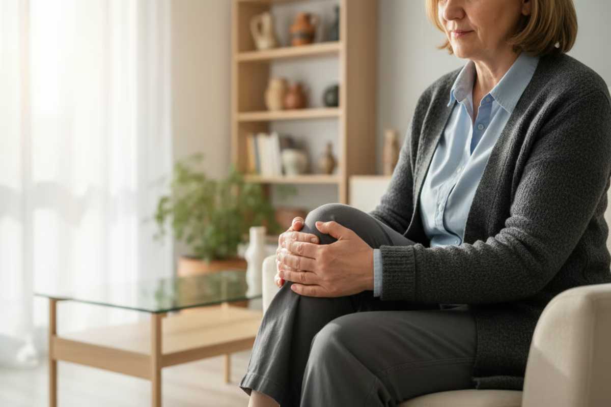 Persoana de varsta mijlocie tinandu-si genunchiul dureros, ilustrand impactul artrozei asupra vietii cotidiene