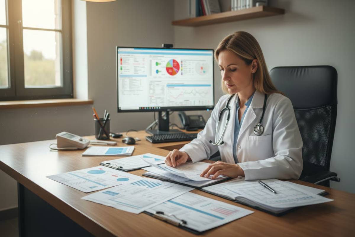 Medic analizand rezultatele testelor de laborator in procesul de diagnosticare a oboselii cornice