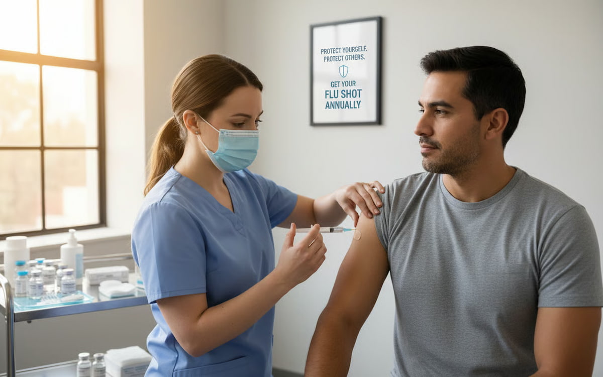 Medic administrand vaccinul antigripal unui pacient in cabinet medical