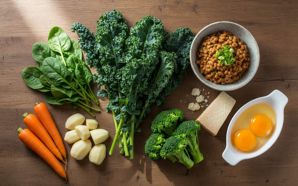 Aranjament de alimente bogate in vitamina k2 pe o masa din lemn