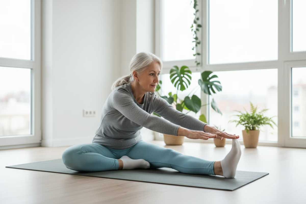 Imagine inspirationala a unei persoane mature efectuand exercitii de stretching bland