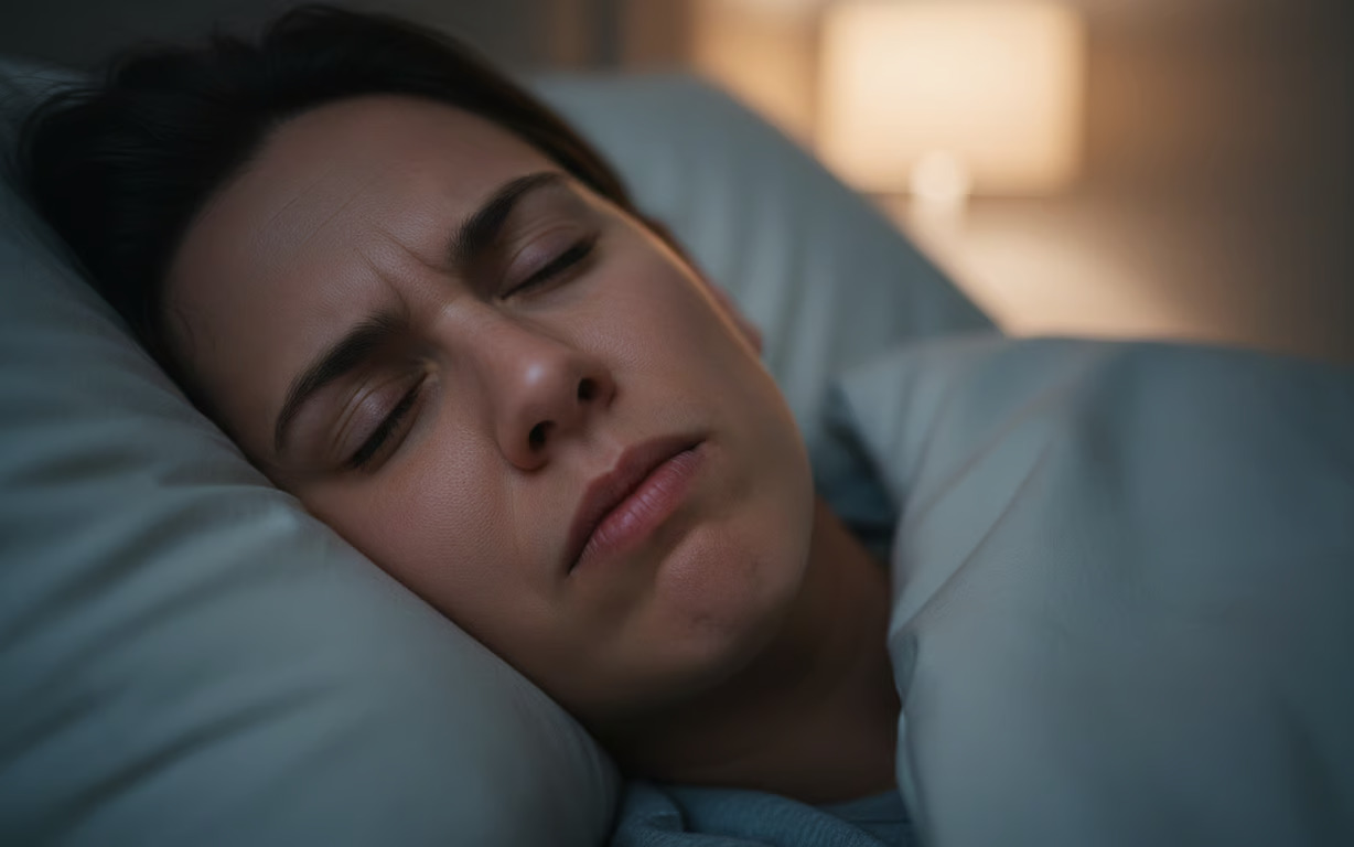 Bruxism - scrasnitul din dinti in timpul somnului - femeie incruntata in somn