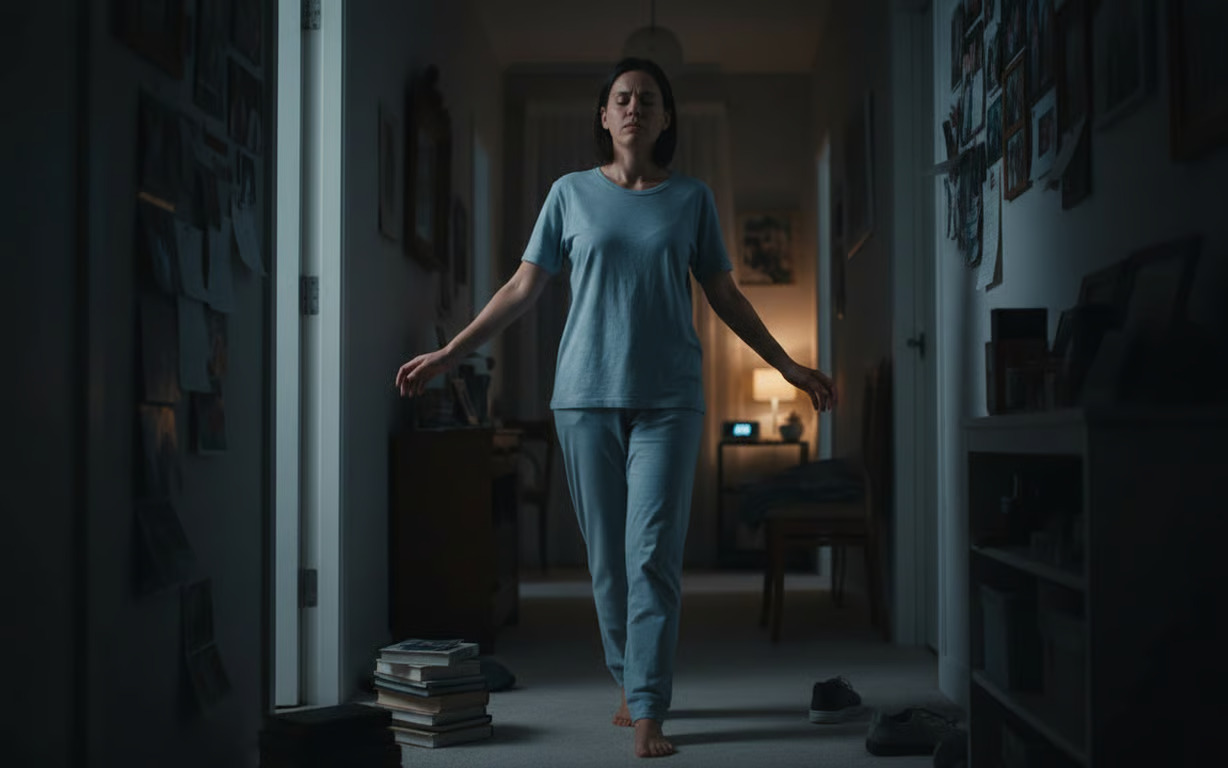 Somnambulism si parasomnii - comportamente anormale in timpul somnului - femeie care merge noaptea prin casa, cu ochii inchisi